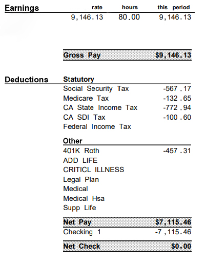 Bgo's paystub as a manager: $9,146 gross for two weeks