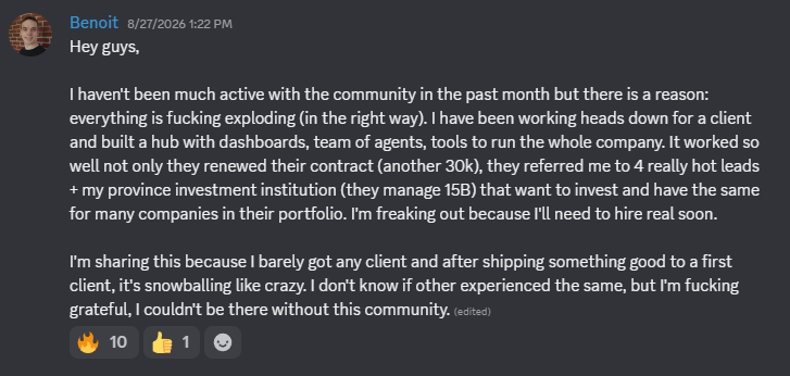 Benoit: contract renewed for $30K plus 4 referrals